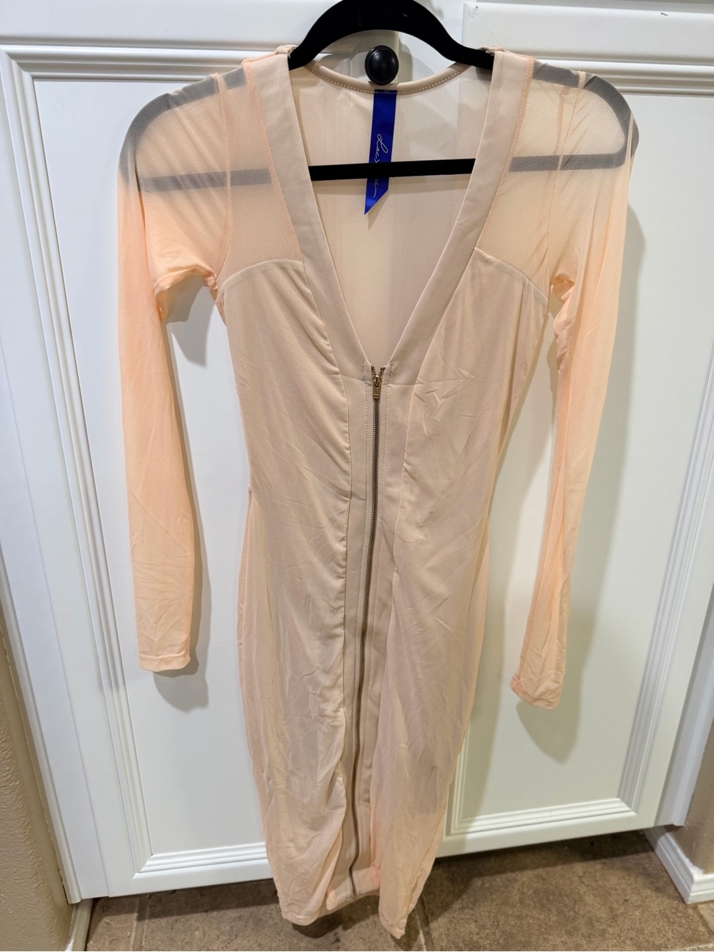 Zip-Front Long Sleeve Mesh Midi Dress in Peach